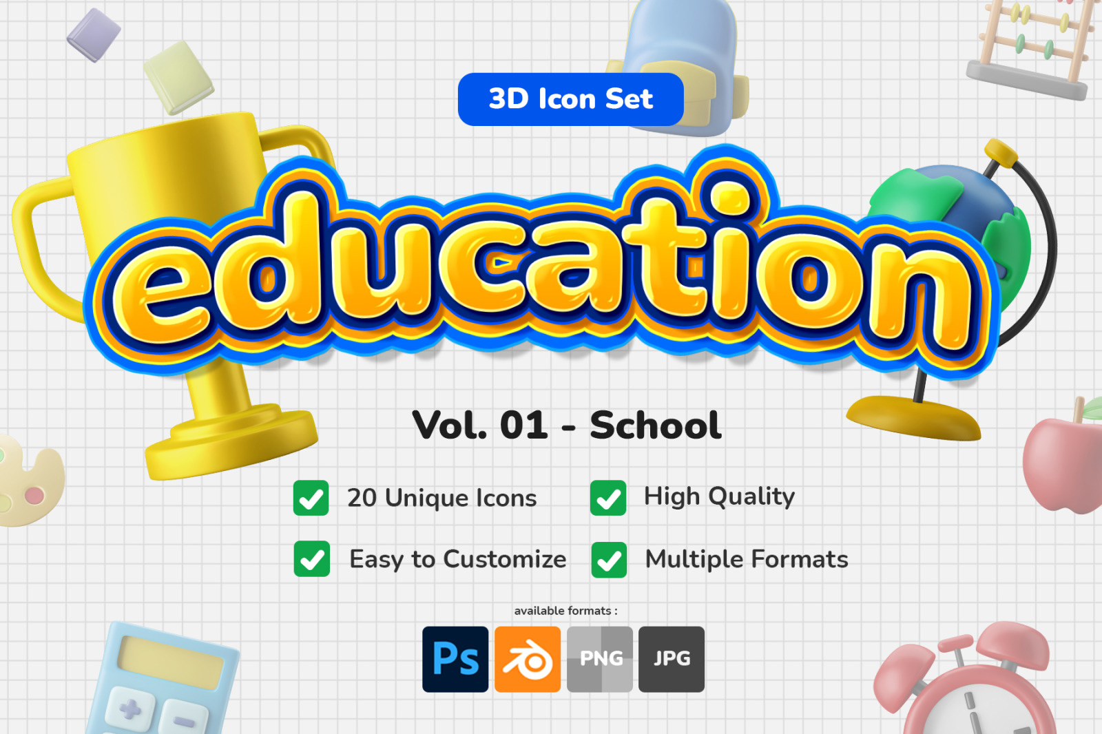 3D Icon Set - Education Vol.01 - School Theme