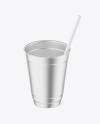 Opened Metallized Coffee Cup with Plastic Straw Mockup