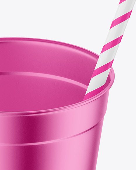 Opened Metallized Coffee Cup with Plastic Straw Mockup