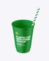 Opened Matte Plastic Cup with Straw Mockup