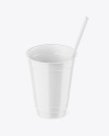 Opened Glossy Plastic Cup with Straw Mockup