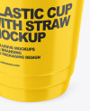 Opened Glossy Plastic Cup with Straw Mockup