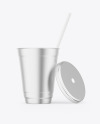 Opened Metallized Coffee Cup with Plastic Straw Mockup