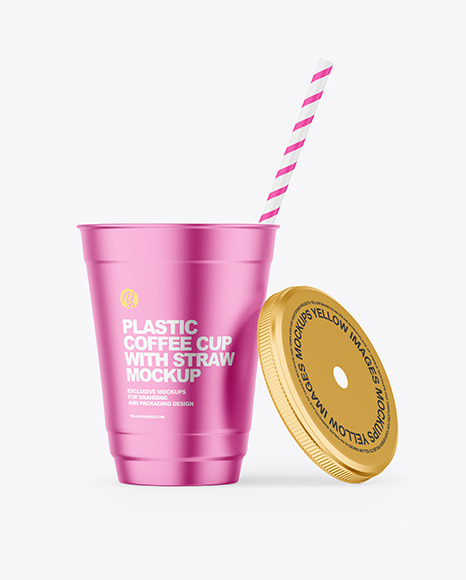 Opened Metallized Coffee Cup with Plastic Straw Mockup