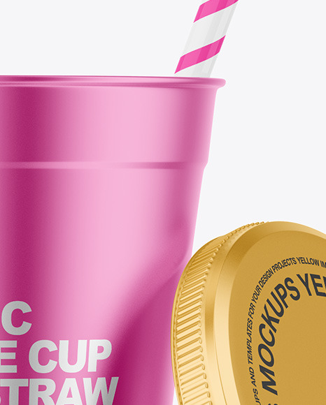 Opened Metallized Coffee Cup with Plastic Straw Mockup