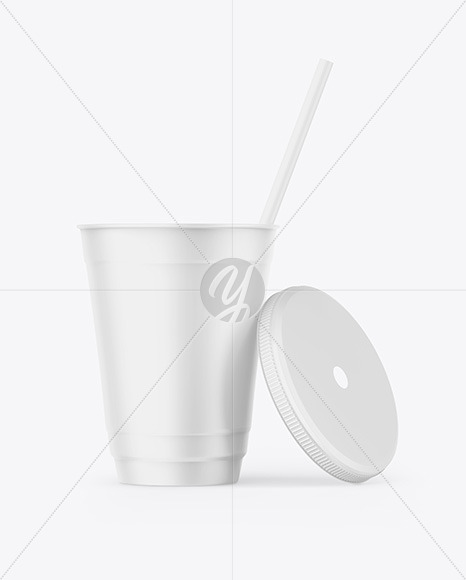 Opened Matte Plastic Cup with Straw Mockup