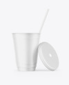 Opened Matte Plastic Cup with Straw Mockup