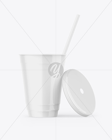 Opened Glossy Plastic Cup with Straw Mockup