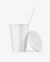 Opened Glossy Plastic Cup with Straw Mockup