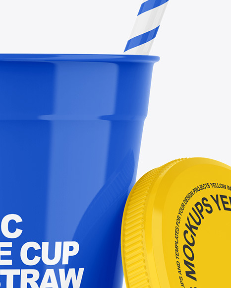 Opened Glossy Plastic Cup with Straw Mockup