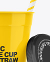 Opened Glossy Plastic Cup with Straw Mockup