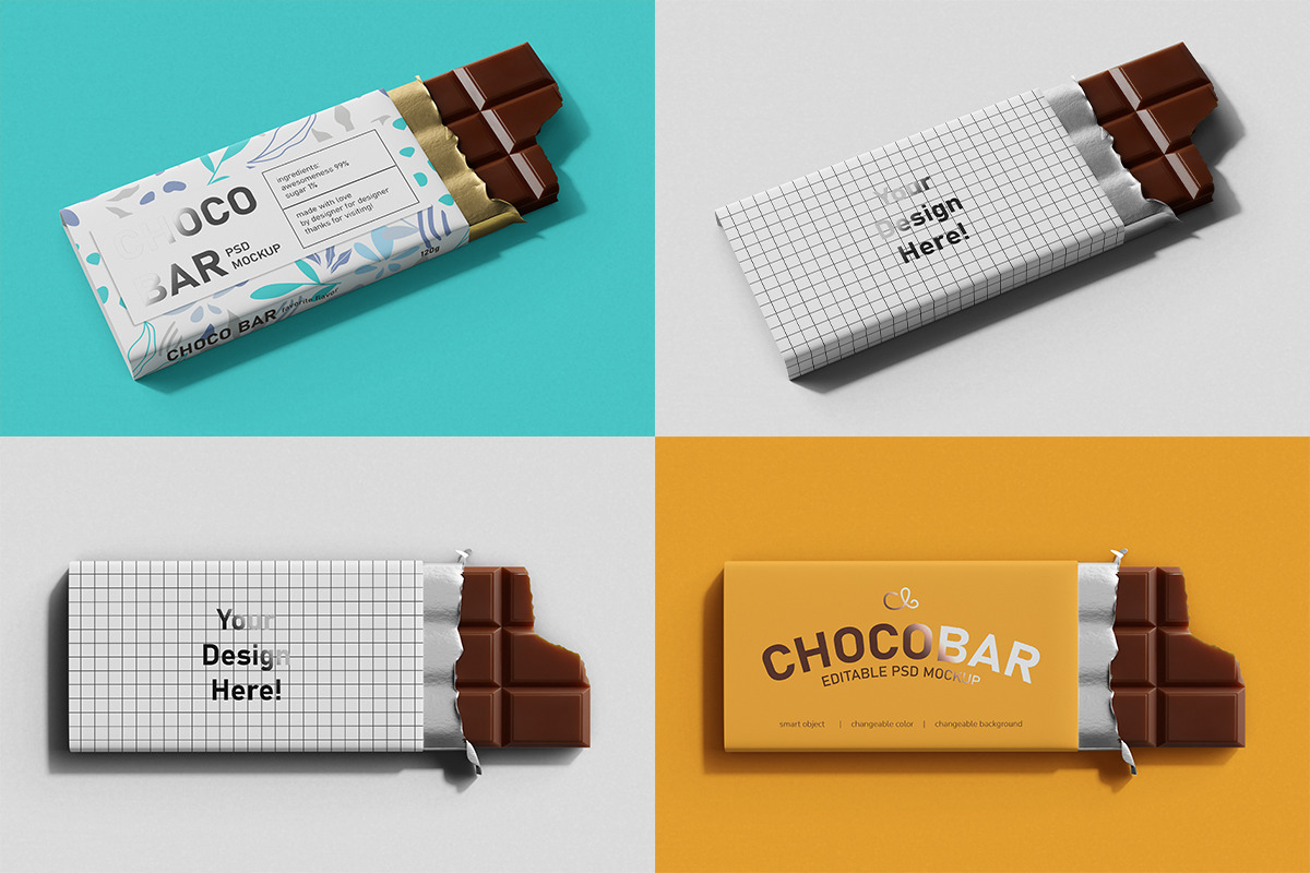 Chocolate Bars Food Packaging PSD Mockup Bundle