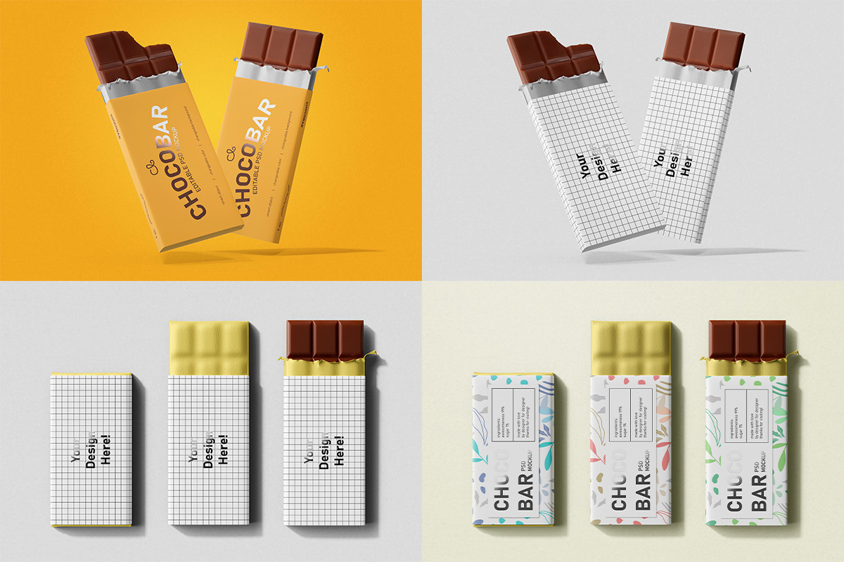 Chocolate Bars Food Packaging PSD Mockup Bundle Chocolate Bars Food Packaging PSD Mockup Bundle