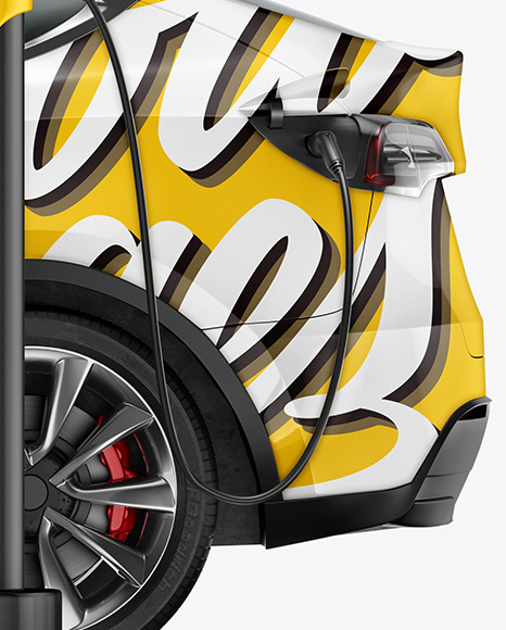 Electric Car on Charging Station Mockup - Side View