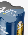 4 Metallic Cans in Shrink Wrap Mockup - Half Side View (High Angle Shot)