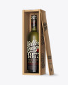 Green Glass Wine Bottle In Open Wooden Box Mockup - Half Side View