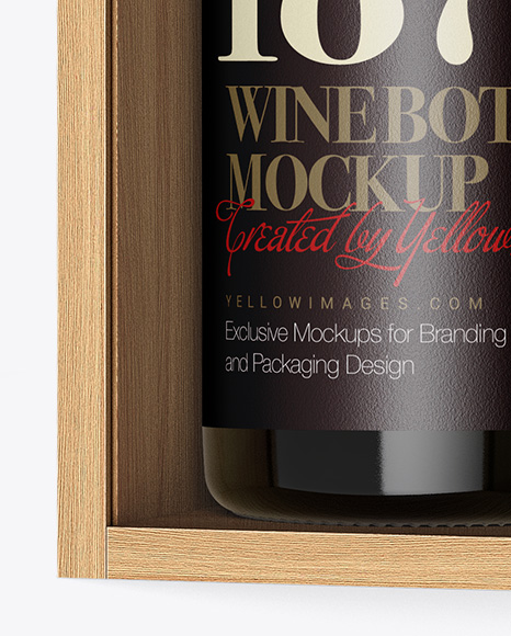 Green Glass Wine Bottle In Open Wooden Box Mockup - Half Side View