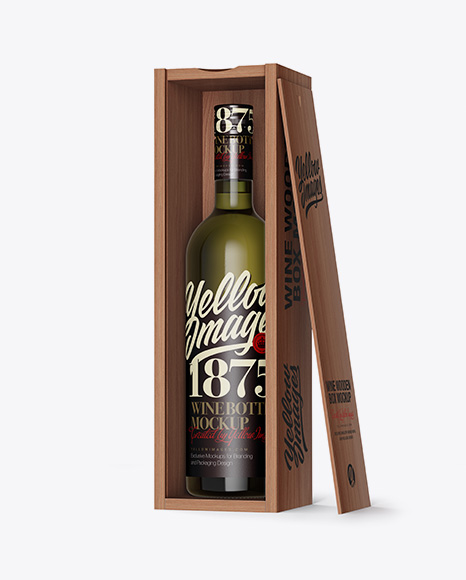 Green Glass Wine Bottle In Open Wooden Box Mockup - Half Side View