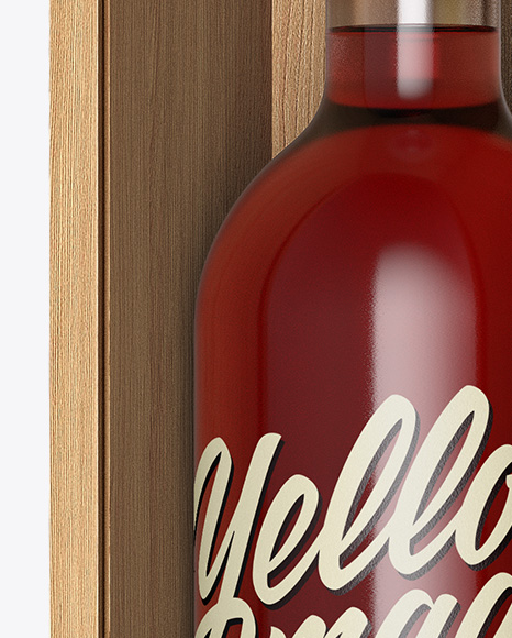 Clear Glass Wine Bottle In Open Wooden Box Mockup - Half Side View