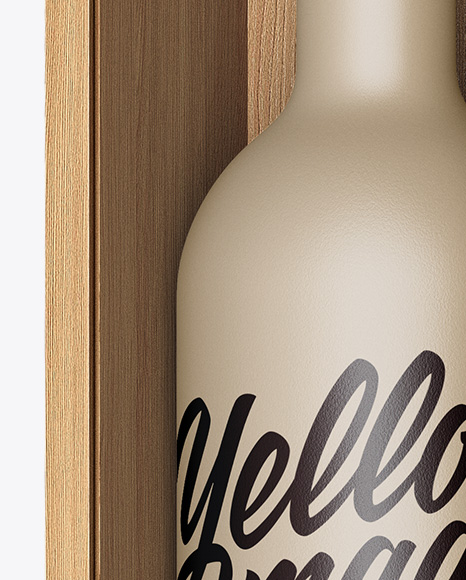 Ceramic Wine Bottle In Open Wooden Box Mockup - Half Side View