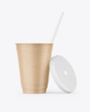 Opened Kraft Paper Cup with Plastic Straw Mockup