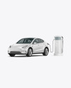 Electric Car on Charging Station Mockup - Half Side View