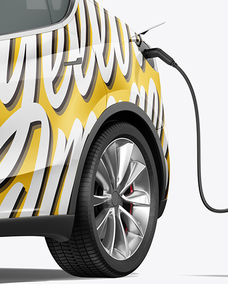 Electric Car on Charging Station Mockup - Half Side View