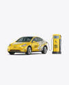 Electric Car on Charging Station Mockup - Half Side View