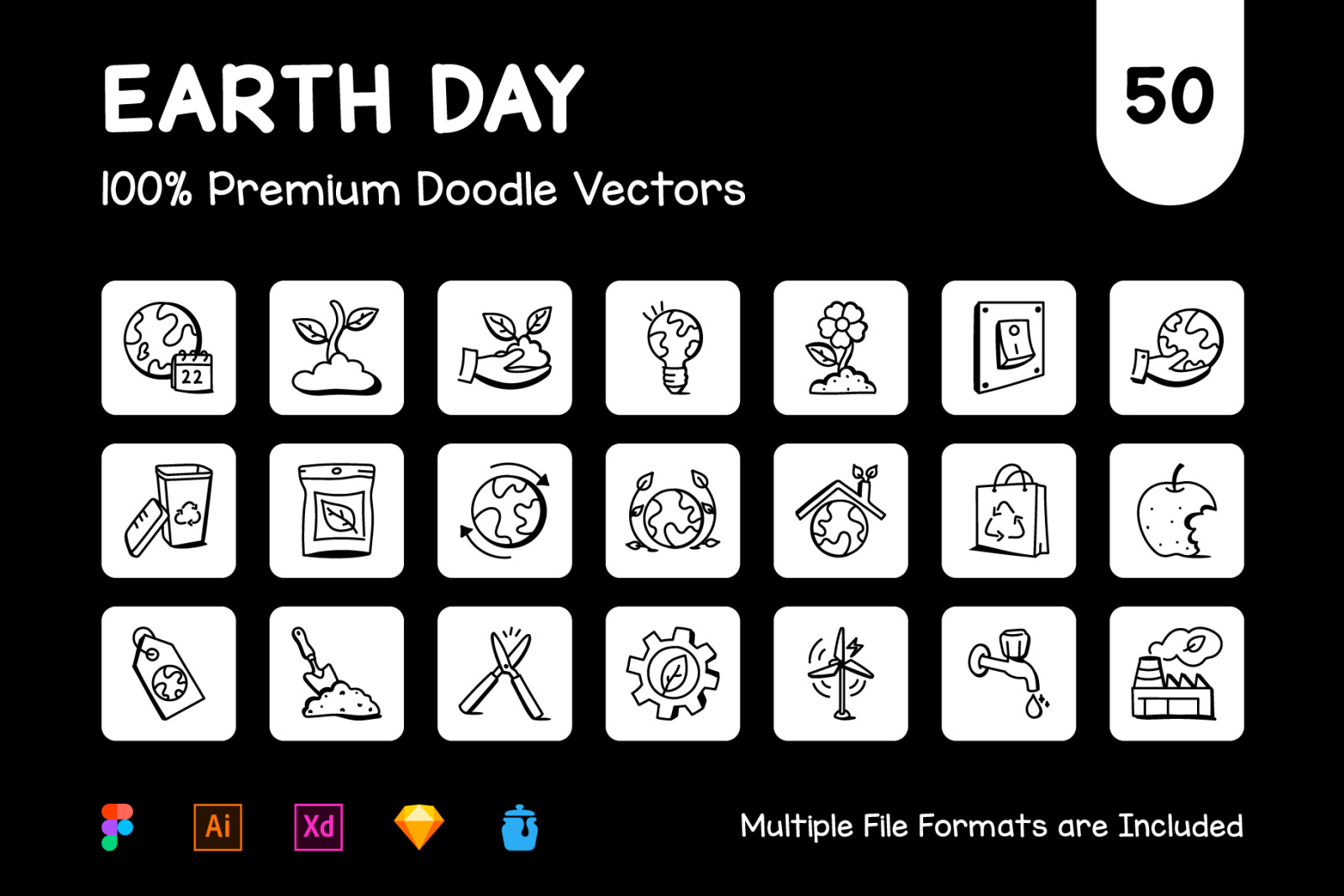 50 Doodle Earth Day Vector Icons