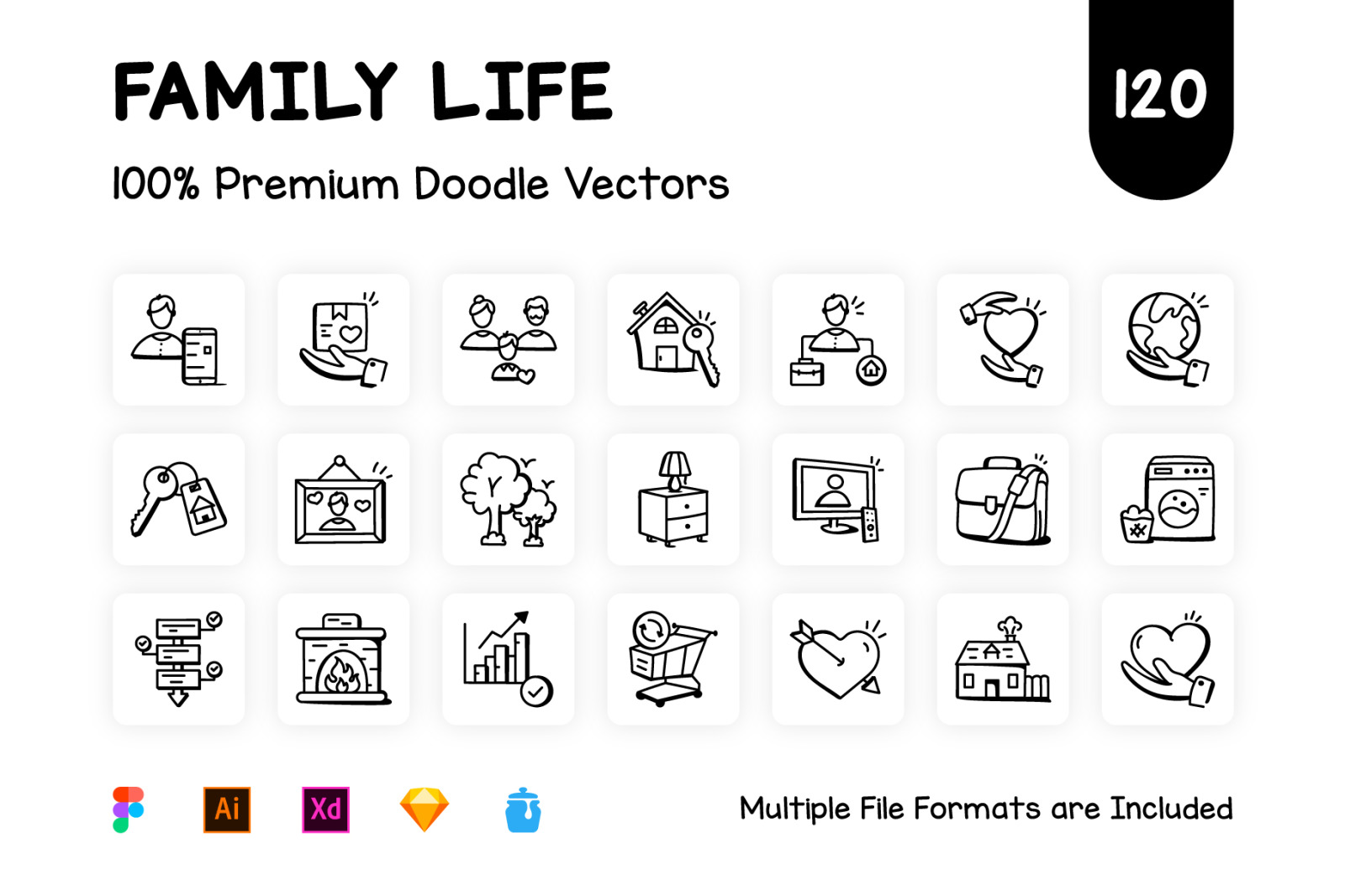 120 Hand Drawn Family Life Icons