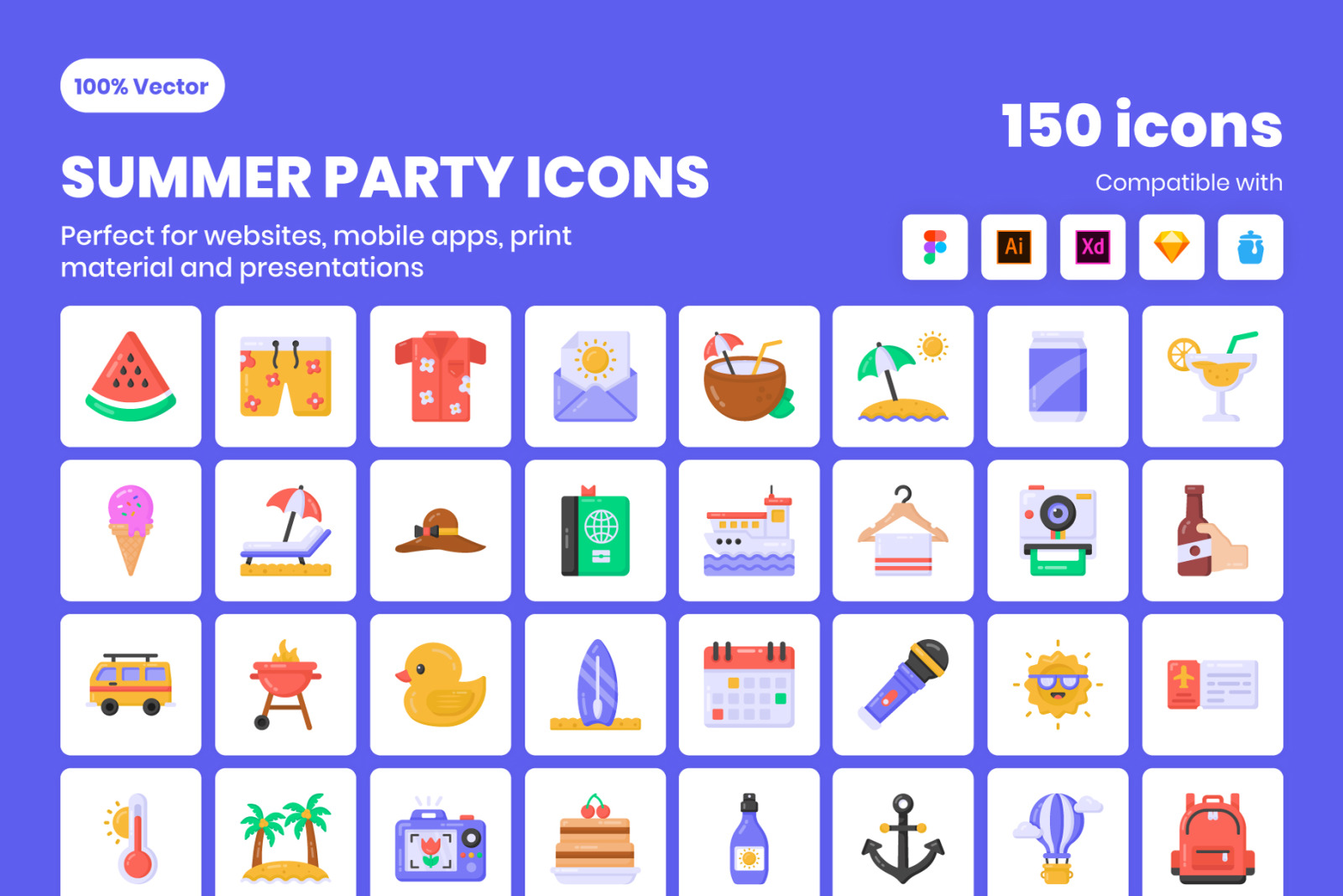 Pack of 150 Flat Summer Icons Pack of 150 Flat Summer Icons