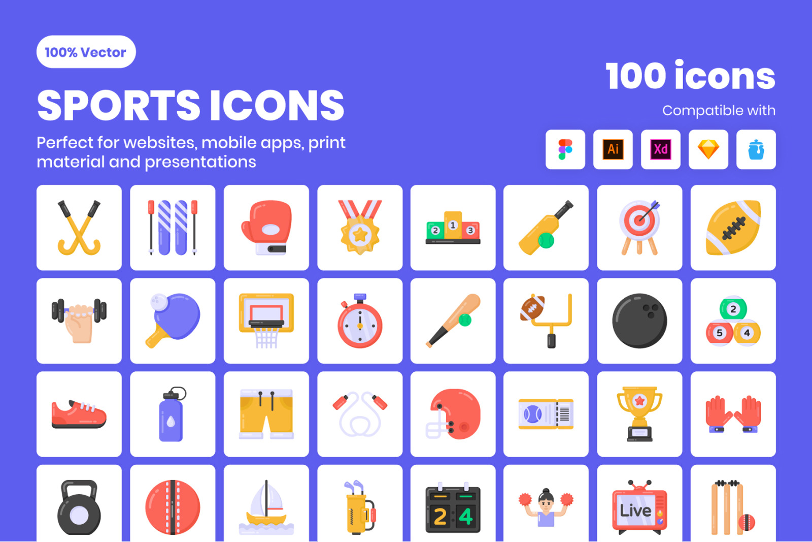100 Sports Flat Vector Icons 100 Sports Flat Vector Icons