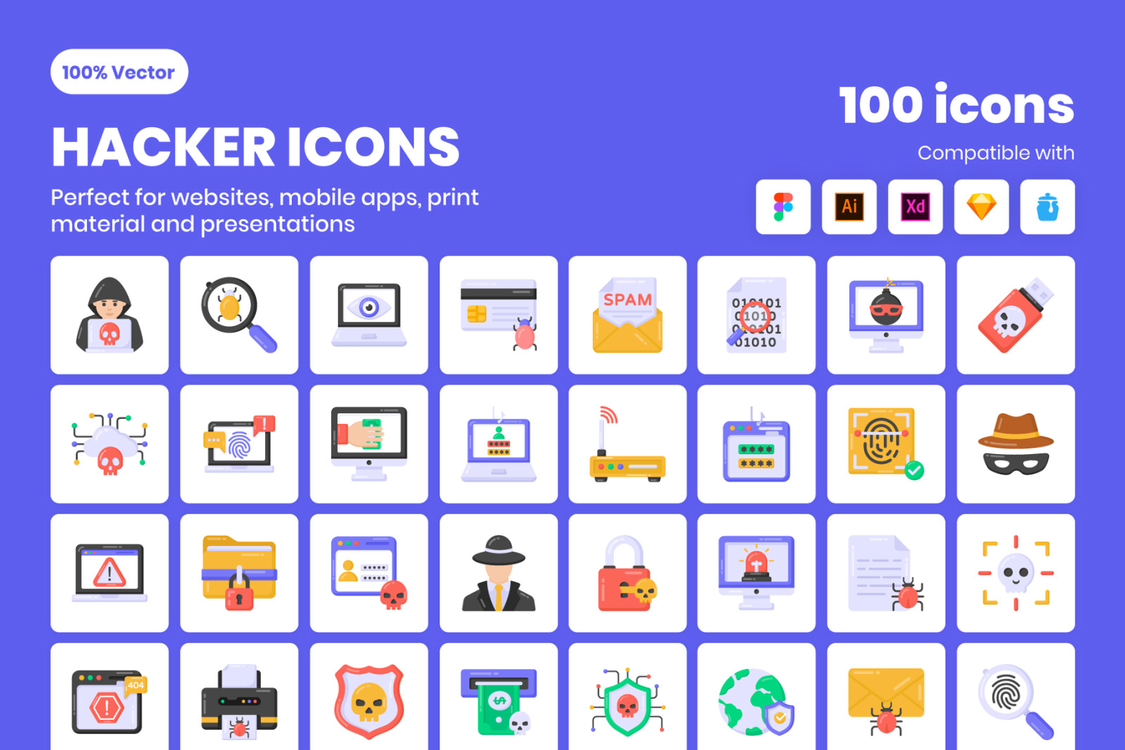 100 Flat Hacking Vector Icons 100 Flat Hacking Vector Icons