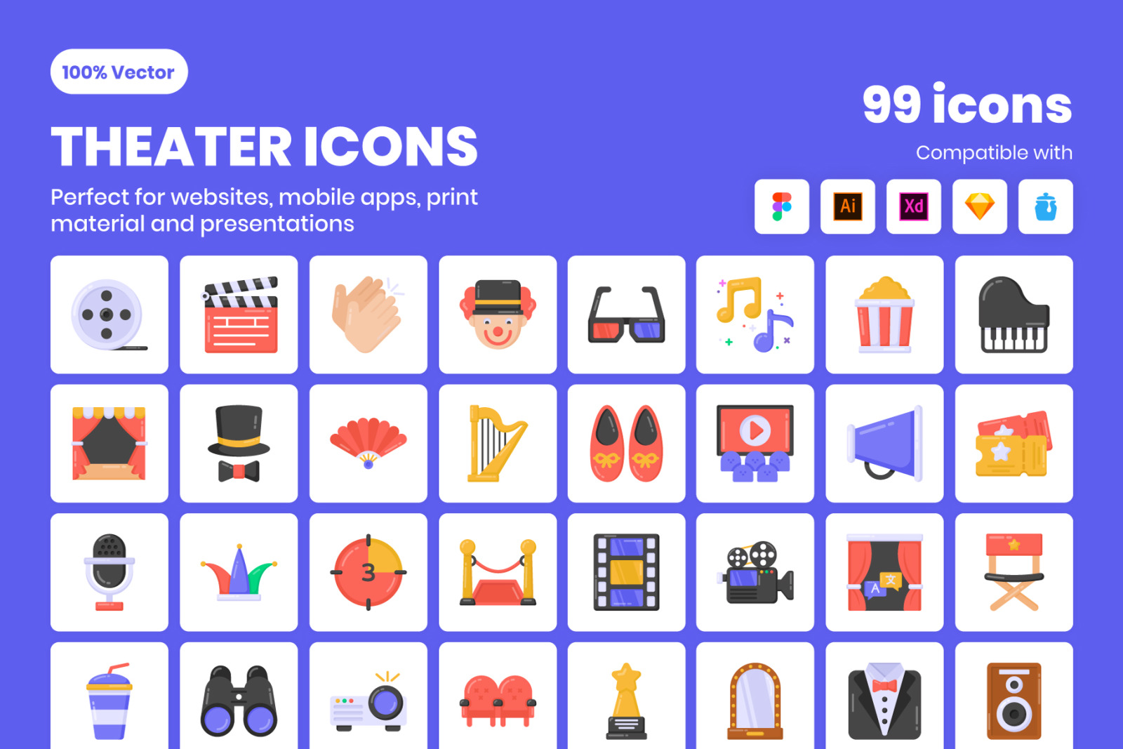 96 Flat Theater Vector Icons