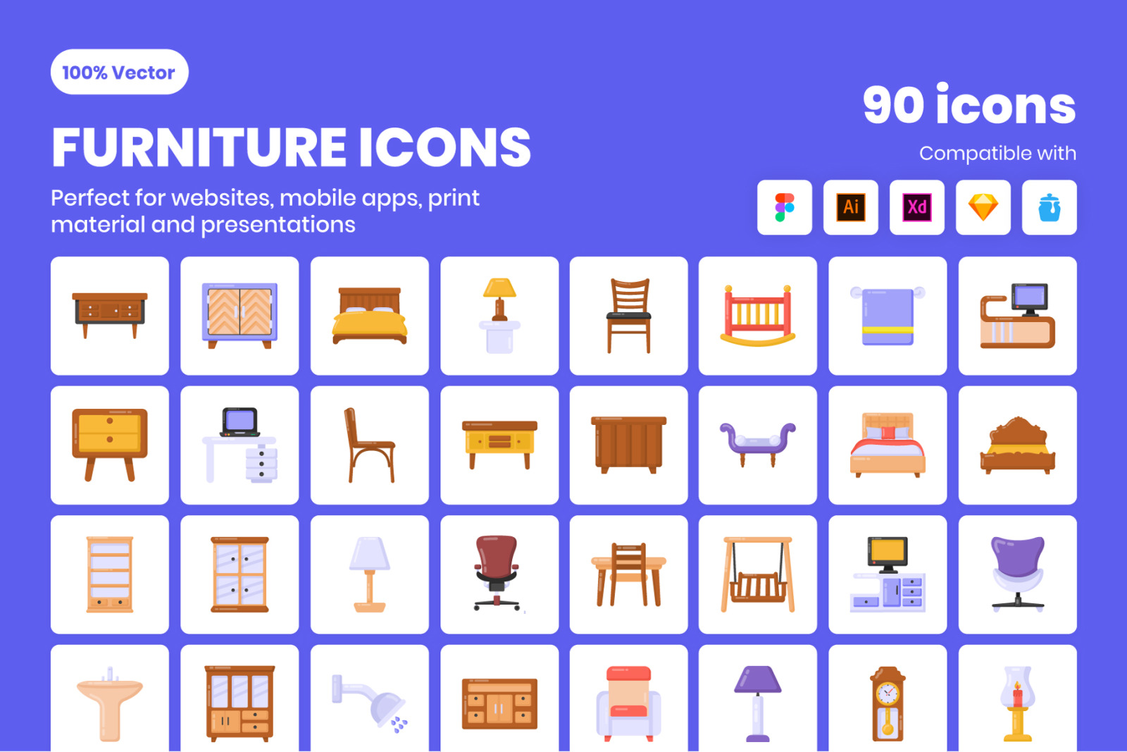 90 Flat Furniture Vector Icons 90 Flat Furniture Vector Icons
