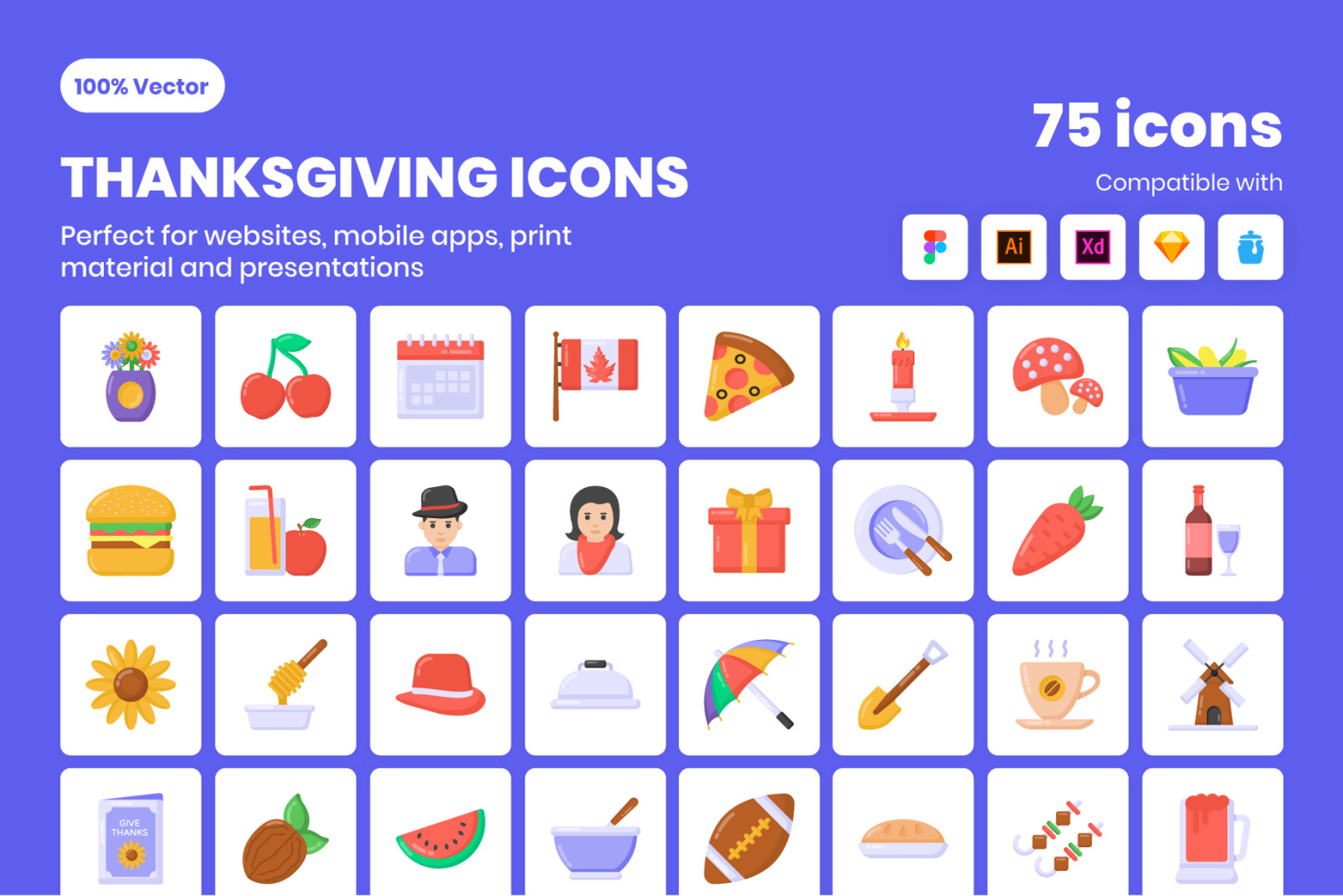 75 Flat Thanksgivings Icons Vectors