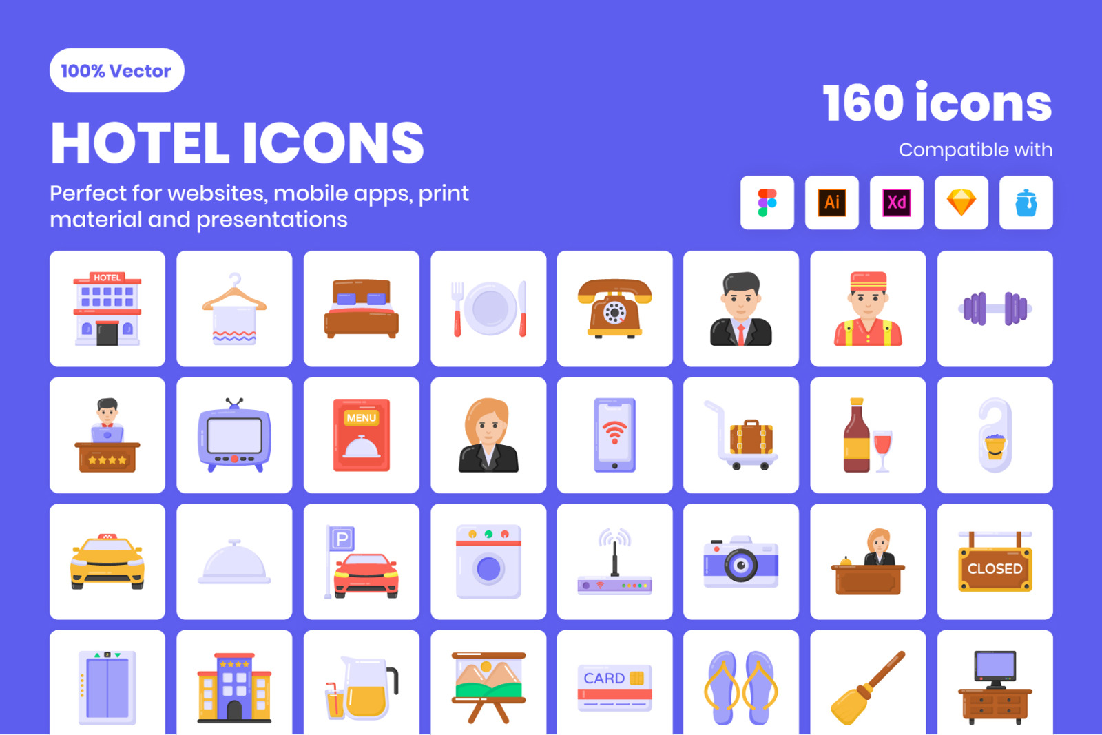 160 Hotel Flat vector Icons