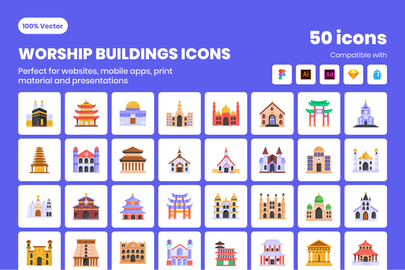 Worship buildings flat icons