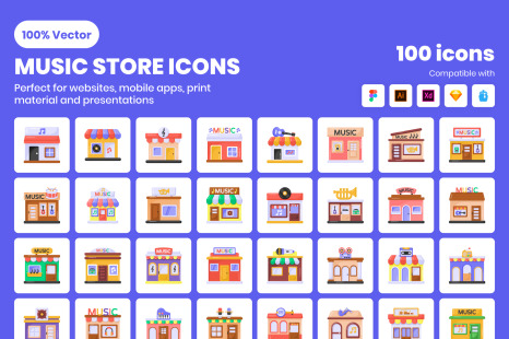 Top Trendy Flat Music Store Icons Pack - Musical instrument