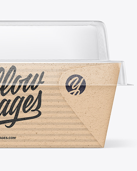 Kraft Paper Box w/ Clear Plastic Lid &amp; Paper Label Mockup