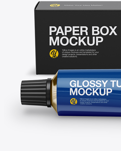 Glossy Cream Tube & Paper Box Mockup (High Angle Shot)