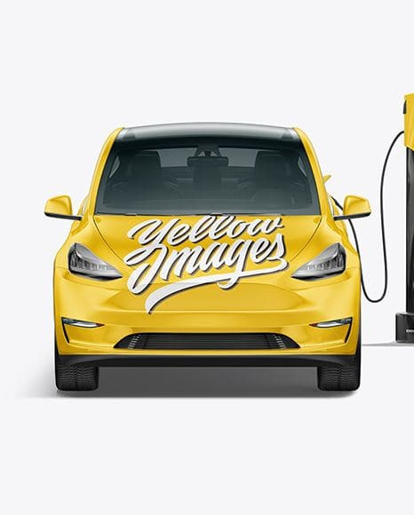 Electric Car on Charging Station Mockup - Front View