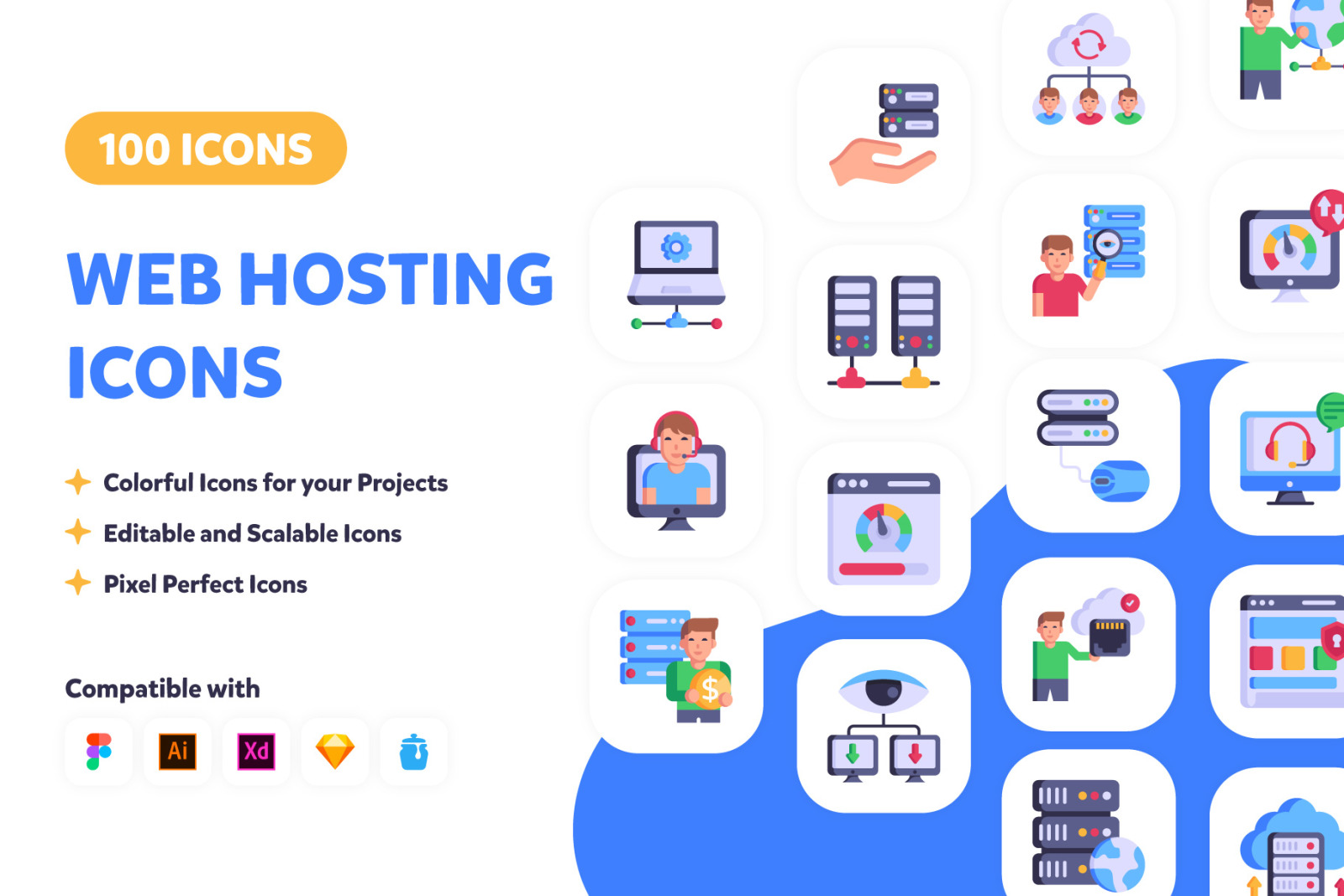 100 Web Hosting Icons - Flat Vectors