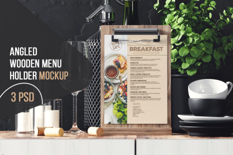 Angled Wooden Menu Holder Mockup - Holder