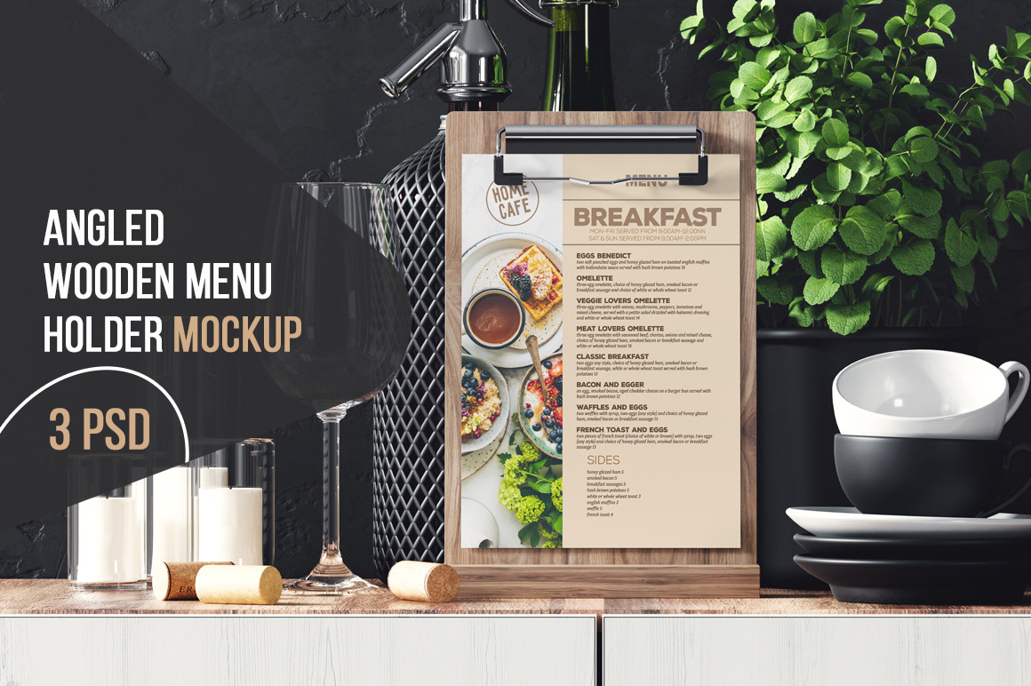 Angled Wooden Menu Holder Mockup