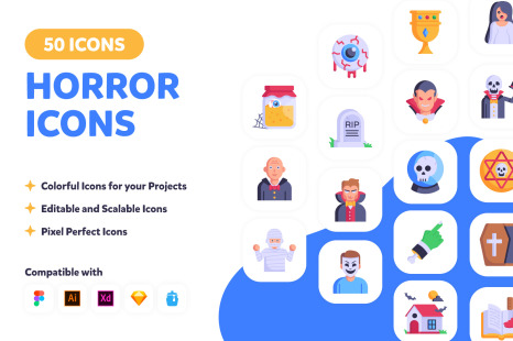 50 Flat Horror Icons-Vector Designs - Spirit