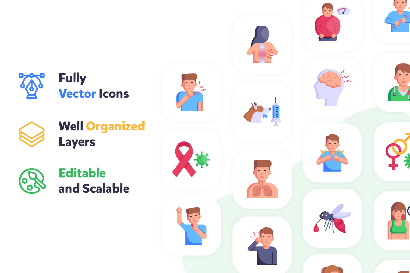 100 Flat Diseases and injury Icons