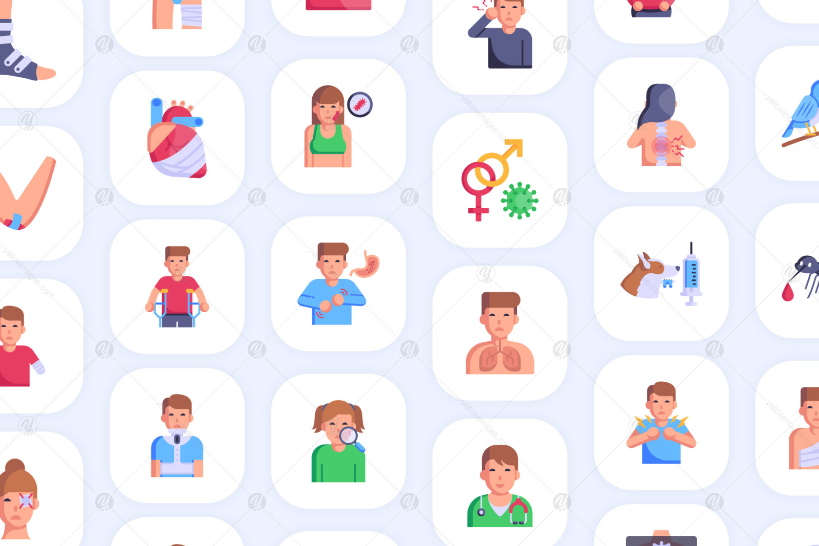 100 Flat Diseases and injury Icons