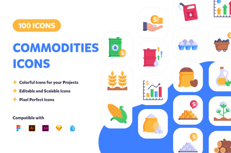 100 Commodities Icons - Flat Vectors - Trading icon