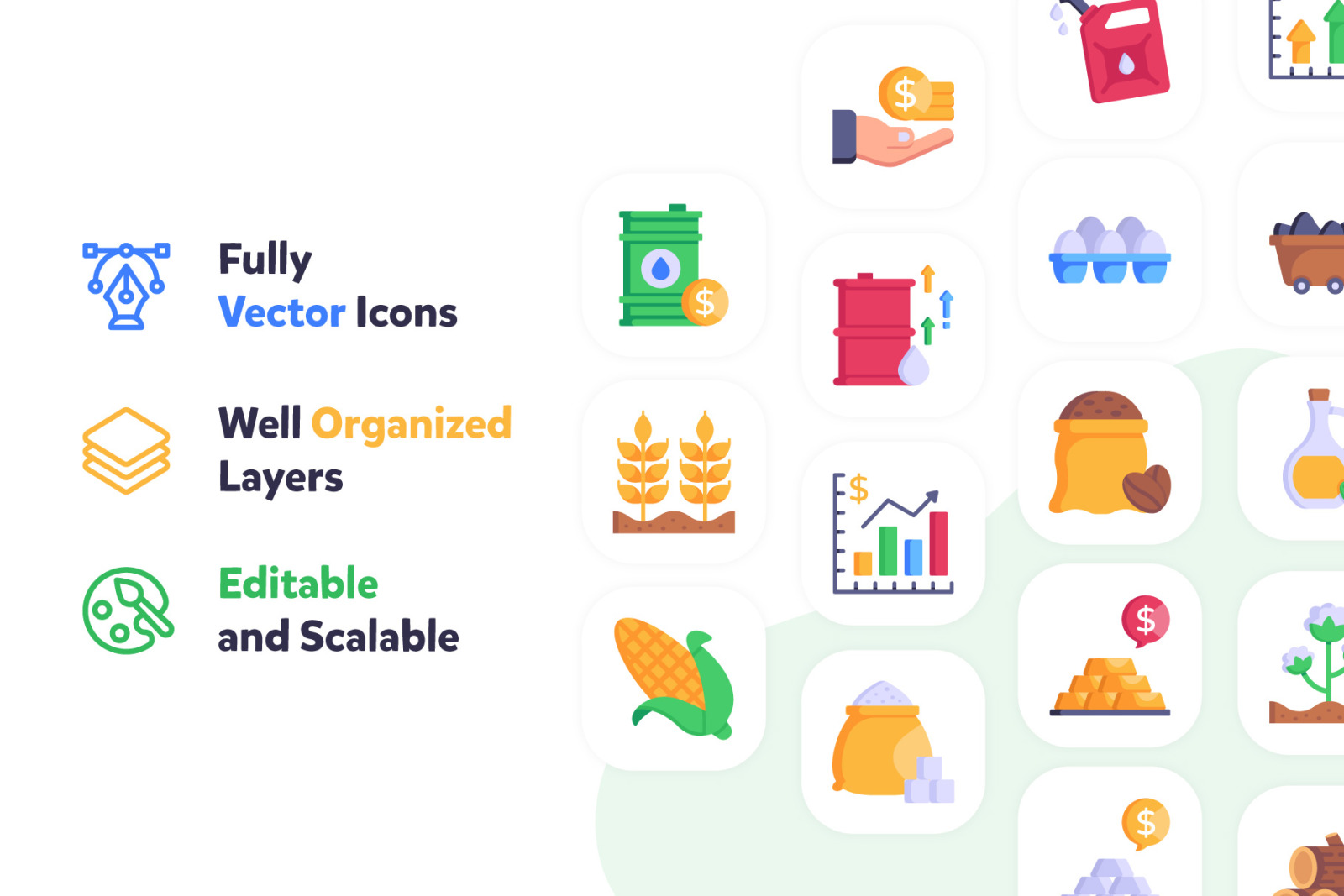 100 Commodities Icons - Flat Vectors